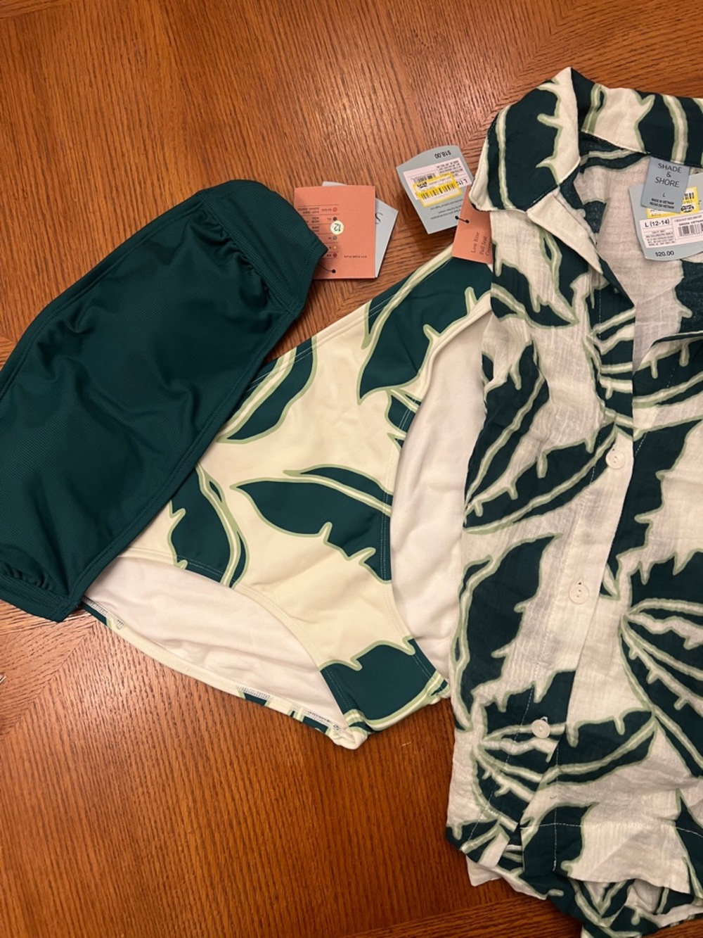 3 pieces Green bandeau & Cream Leaf Print Bikini Bottom with coverup top B18